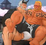  2boys abs avatar_(pso2) bara beard black_kimono black_shorts blonde_hair blush bulge bulge_to_ass check_copyright chest_tattoo commentary copyright_request couple dark-skinned_male dark_skin english_commentary eye_contact facial_hair fake_horns feet fundoshi glasses glensaru grey_hair highres horned_headwear horns japanese_clothes kimono large_pectorals looking_at_another male_focus male_pubic_hair male_underwear mature_male multiple_boys muscular muscular_male navel nipples old old_man original outdoors pectorals penis penis_peek phantasy_star phantasy_star_online_2 pubic_hair short_hair shorts soles spread_legs stomach tattoo thick_thighs thighs toes topless_male underwear white_male_underwear yaoi 