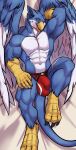  3_toes 5_fingers abs anthro avian beak blue_eyes bulge claws detailed_bulge eyebrows feathered_wings feathers feet fingers genital_outline gryphon hi_res jericko_(germanshepherd69) looking_at_viewer lying male multicolored_body muscular muscular_anthro muscular_male mythological_avian mythological_creature mythology navel on_back penis_outline solaxe_(artist) solo toes two_tone_body wings 