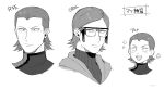  3boys :d age_(moco018) blush bodysuit closed_mouth coat commentary_request glasses greyscale highres looking_at_viewer male_focus maxie_(pokemon) monochrome multiple_boys open_mouth pokemon pokemon_(game) pokemon_oras pokemon_rse ribbed_bodysuit short_hair smile team_magma tongue translation_request turtleneck upper_body white_background 