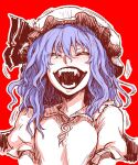  1girl :d blush facing_viewer fangs hair_between_eyes hat itou_yuuji laughing open_mouth outline puffy_short_sleeves puffy_sleeves purple_hair red_background remilia_scarlet sharp_teeth shirt short_sleeves simple_background smile solo teeth touhou vampire white_headwear white_outline white_shirt 