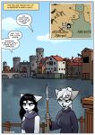 absurd_res anthro black_hair blue_clothing blue_eyes boat border canid canine castle city city_background cityscape clothed clothed_anthro clothed_female clothing comic dark_clothing detailed_background dialogue duo english_text fantasy felid feline female fox fur gloves grey_body grey_fur hair handwear hi_res long_hair looking_at_another mammal map melee_weapon outside polearm robe sea smile spear speech_bubble story sylvia_(thecumrat) tasmin text thecumrat vehicle water watercraft weapon white_body white_border white_fur white_hair