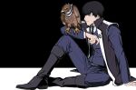  1boy ace_attorney aged_down amikoiiko animal_on_arm arm_on_knee belt belt_buckle bird bird_on_arm black_background black_belt black_boots black_hair black_haori black_necktie black_scarf blue_jacket blue_pants boots brown_bird buckle buttons closed_mouth collared_shirt fingernails from_side full_body hand_on_floor haori hawk highres jacket japanese_clothes jinbaori knee_boots knee_up long_sleeves male_focus necktie pants phoenix_wright:_ace_attorney_-_dual_destinies pleated_pants scarf shirt short_hair simon_blackquill simple_background sitting solo striped_clothes striped_scarf suit_jacket taka_(ace_attorney) two-tone_background two-tone_haori two-tone_scarf white_background white_haori white_scarf white_shirt 