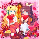  2girls abstract_background absurdres ahoge android ankle_boots artist_request blue_eyes blush boots border bow box brown_boots brown_hair brown_ribbon brown_shoes buttons candy cave_story chocolate-covered_food closed_mouth colored_skin commentary company_connection crop_top crop_top_overhang cropped_jacket crossover curly_brace dot_nose dress english_commentary food fruit full_body gift gift_box gold_buttons half_updo heart highres holding holding_heart jacket joints lace lace_border lapels legs_together lemon lemon_slice light_frown long_hair midriff multiple_girls nose_blush official_art open_mouth ornate_border pants pink_background pink_border ponytail red_bow red_jacket red_pants red_sleeves red_tank_top remi_(remilore) remilore_~shoujo_to_isekai_to_madousho~ ribbon rimless_eyewear robot_ears robot_joints round_eyewear second-party_source shoes short_dress sidelocks sitting sleeve_cuffs strawberry tank_top thighhighs very_long_hair white_skin white_thighhighs winged_hair_ornament wrapped_candy yellow_bow yellow_dress 