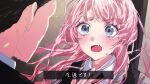  1boy 1girl bang_dream! bang_dream!_it's_mygo!!!!! chihaya_anon commentary fang floating_hair grey_eyes guitar_case hashtag-only_commentary highres instrument_case instrument_on_back long_hair open_mouth peke_(pekeiscat) pink_hair shirt sweatdrop white_shirt 