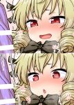  1girl :d :o bar_censor black_bow black_bowtie blush bow bowtie censored dildo drill_hair expressions heart heart-shaped_pupils highres itou_yuuji luna_child multiple_views open_mouth parted_lips saliva sex_toy smile symbol-shaped_pupils tears touhou wide-eyed 