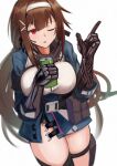  1girl :o blue_jacket breasts brown_hair eyebrows_visible_through_hair girls&#039;_frontline hair_ornament hairband hairclip headphones highres holding holding_jar index_finger_raised jacket jar js_9_(girls&#039;_frontline) large_breasts lodbyy long_hair looking_at_viewer mechanical_arms one_eye_closed red_eyes solo standing very_long_hair white_background white_hairband 