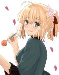  1girl ahoge artoria_pendragon_(fate) blonde_hair bow collar eyebrows_visible_through_hair fate/grand_order fate/stay_night fate_(series) flower food fork frilled_collar frilled_sleeves frills green_eyes hair_between_eyes hair_bow hair_flower hair_ornament hand_up highres looking_at_viewer looking_back medium_hair petals saber sakurasakimasu4 short_sleeves simple_background smile solo white_background 