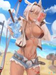  1girl absurdres ass_visible_through_thighs beach bikini body_markings caenis_(fate) collarbone cowboy_shot cup dark-skinned_female dark_skin disposable_cup drinking_straw fate/grand_order fate_(series) food headpiece highleg highleg_bikini highres holding holding_food jayvee one_eye_closed red_wristband smile solo swimsuit tattoo white_hair white_nails 