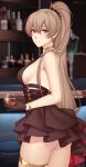  1girl artist_name ass azur_lane bangs bare_shoulders black_gloves blurry blurry_background breasts brown_hair commentary_request commission earrings from_side glass gloves hair_between_eyes highres indoors jean_bart_(azur_lane) jean_bart_(uninhibited_bloodstone)_(azur_lane) jewelry long_hair looking_at_viewer official_alternate_costume ponytail red_eyes shellvi sideboob smile solo 