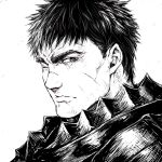  1boy armor berserk berserker_armor closed_mouth commentary from_side greyscale guts_(berserk) lips looking_at_viewer looking_to_the_side male_focus monochrome one_eye_closed portrait scar scar_on_cheek scar_on_face scar_on_nose short_hair shu-mai sideways_glance simple_background solo thick_eyebrows upper_body white_background 