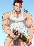 1boy bara bare_shoulders beard boku_no_hero_academia bottomless cum cum_on_food endeavor_(boku_no_hero_academia) erection facial_hair food highres kebab kirupi large_pectorals male_focus male_masturbation male_pubic_hair masturbation mature_male meat muscular muscular_male naked_shirt official_alternate_costume pectoral_cleavage pectorals penis pubic_hair scar scar_across_eye shirt short_hair sideburns sidepec skewer solo spiked_hair stubble tank_top thick_thighs thighs uncensored veins white_tank_top 