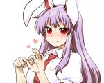  1girl :3 :q animal_ears blush collared_shirt hands_up heart highres itou_yuuji licking_lips long_hair looking_at_viewer necktie penetration_gesture puffy_short_sleeves puffy_sleeves purple_hair rabbit_ears red_eyes red_necktie reisen_udongein_inaba shirt short_sleeves simple_background smile solo tongue tongue_out touhou upper_body white_background white_shirt wing_collar 