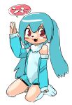  1boy animal_ears blue_hair blue_leotard blush_stickers bodysuit commentary_request fur-trimmed_leotard fur-trimmed_sleeves fur-trimmed_wrist_cuffs fur_trim gowshi_(rakugaki-kaijin) hand_up highres kenma-kun koushinism leotard male_focus rabbit_boy rabbit_ears red_eyes sitting sleeveless sleeveless_bodysuit snout speech_bubble trap white_background 