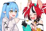  2girls 3: :d ^_^ ahoge animal_ears black_bow black_gloves blue_hair blush bow cheese claw_pose closed_eyes fangs feeding fingernails food fork gloves grey_sweater hair_between_eyes hair_bow hakos_baelz holding holding_fork hololive hololive_english long_hair long_sleeves mouse mouse_ears mouse_on_head multicolored_hair multiple_girls notice_lines official_alternate_costume open_mouth pointy_ears red_hair sharp_teeth simple_background single_glove smile streaked_hair sweater swiss_cheese teeth translated twintails twitter_username virtual_youtuber white_background yellow_eyes yoako yukihana_lamy 