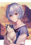  1girl absurdres animal ayanami_rei backlighting bangs blurry blurry_background bryanth cat closed_mouth commentary depth_of_field highres holding holding_animal holding_cat looking_at_viewer neon_genesis_evangelion outdoors outside_border purple_hair red_eyes red_ribbon ribbon school_uniform short_hair short_sleeves smile solo sunlight 