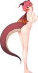  1girl absurdres ass bangs barefoot blush breast_suppress breasts bright_pupils completely_nude dragon_girl dragon_horns dragon_tail dragon_wings eyebrows_visible_through_hair full_body highres horns huge_breasts linker_bell_academia_~rakudai_majo_to_himitsu_no_gishiki~ melusine_dragonette nude official_art photoshop_(medium) pointy_ears red_eyes red_hair smile solo standing tachi-e tail transparent_background wings yu-ta 