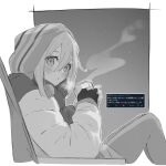  1girl blush closed_mouth commentary fingerless_gloves gloves greyscale hair_between_eyes highres jacket kagamihara_nadeshiko kanade_(kanade_3344) long_hair_between_eyes looking_at_viewer monochrome scarf solo sweat translation_request winter_clothes yurucamp 