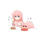  1girl :t blue_eyes bocchi_the_rock! bowl chopsticks closed_mouth commentary_request cube_hair_ornament dual_persona eating gotoh_hitori gotoh_hitori_(tsuchinoko) hair_between_eyes hair_ornament holding holding_bowl holding_chopsticks jacket lettuce long_hair one_side_up pet_bowl pet_food pink_hair pink_jacket rebecca_(keinelove) rice simple_background track_jacket upper_body white_background 