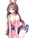  1girl ahoge animal_ears arm_support armpit_crease artist_name blue_eyes blue_skirt blush bow bowtie braid breasts brown_hair center-flap_bangs cleavage closed_mouth commentary cross-laced_clothes cross-laced_skirt cross-laced_top double-parted_bangs frown full_body hair_intakes highres jacket kneeling leaning_forward loltinami long_hair long_sleeves miniskirt off_shoulder pink_jacket rabbit_ears rabbit_girl raised_inner_eyebrows seiza self-portrait shirt side_braid sitting skirt solo spaghetti_strap symbol-only_commentary tinami_(vtuber) vdonburi very_long_hair virtual_youtuber watermark white_background white_bow white_bowtie white_shirt 