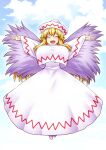  1girl :d blonde_hair blue_sky blush breasts cloud cloudy_sky covered_nipples dress facing_viewer flying hat highres itou_yuuji large_breasts lily_white long_dress long_hair long_sleeves open_mouth outstretched_arms shirt shirt_overhang sky smile solo spread_arms spread_wings touhou white_dress white_headwear white_shirt wide_sleeves 