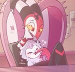 4_eyes 4_fingers aaci8300 alternate_form avian beak bird black_beak blitzo_(helluva_boss) boots bottomwear chair chest_tuft clothed clothing demon demon_humanoid desk duo english_text eyebrows eyes_closed facial_markings feather_tuft feathers feet feral feralized fingers footwear forehead_markings furniture grey_body grey_feathers half-closed_eyes head_markings heart_symbol hellaverse helluva_boss holding_another horn horned_humanoid humanoid imp inside jacket looking_down male markings multi_eye multicolored_body narrowed_eyes nibbling nude office office_chair on_chair on_lap onomatopoeia open_mouth open_smile owl pants pupils red_body red_eyes sharp_teeth shoes sitting sitting_on_chair size_difference slit_pupils smile sound_effects stolas_(helluva_boss) striped_horn stripes table talons teeth text toes tongue topwear tuft white_body wings yellow_sclera yellow_teeth