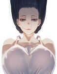  1girl bare_shoulders black_hair bow_(bhp) breasts closed_mouth covered_nipples dress hair_in_mouth hanging_breasts hasshaku-sama large_breasts long_hair looking_at_viewer original purple_eyes simple_background solo sundress upper_body upside-down white_background white_dress 
