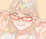  1girl blonde_hair blush brown_eyes choppy_bangs commentary commentary_request dungeon_meshi eyelashes falin_touden fingernails holding holding_removed_eyewear looking_at_viewer medium_hair nose_blush portrait red-framed_eyewear sasakura34 shirt sidelocks simple_background smile swept_bangs unworn_eyewear white_shirt 