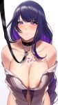  1girl absurdres areola_slip areolae bangs bare_shoulders blush breasts chest_tattoo cleavage closed_mouth clothes_removed collar collarbone commentary cozyu english_commentary eyebrows_visible_through_hair eyeliner genshin_impact highres large_breasts leash long_hair makeup no_bra purple_eyes purple_hair raiden_shogun simple_background solo tattoo v-shaped_eyebrows viewer_holding_leash white_background 