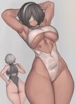  2girls absurdres alternate_breast_size armpits arms_behind_head ass back-to-back back_cutout backboob black_hair black_leotard blindfold breasts center_opening clothing_cutout covered_eyes curvy dark-skinned_female dark_skin dual_persona final_fantasy final_fantasy_xiv grey_background grey_hair grey_hairband grey_leotard hair_over_one_eye hairband hand_on_hip highres kelvin_hiu large_breasts leotard multiple_girls nier_(series) nier_automata palette_swap revealing_clothes short_hair solo_focus soulcalibur soulcalibur_vi standing sweat thick_thighs thighs thong_leotard underboob yorha_no._2_type_b yorha_type_p_no._2 