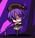  1girl aekashics atlas_academy_uniform beret blood braid braided_ponytail brown_hat brown_shirt brown_socks chibi hair_between_eyes hat looking_at_viewer melty_blood miniskirt partially_shaded_face pink_blood ponytail purple_eyes purple_hair shirt sidelocks sion_eltnam_(type-moon) sion_tatari skirt socks tsukihime vampire white_skirt 