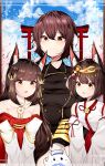  3girls :o absurdres animal_ears azur_lane bangs bare_shoulders black_hair blue_sky blunt_bangs breasts cat cherry_blossoms cleavage cloud cloudy_sky collarbone commentary_request detached_sleeves dress eyebrows_visible_through_hair fox_ears hair_between_eyes hair_ornament highres horns japanese_clothes jewelry long_hair long_sleeves looking_at_viewer meowfficer_(azur_lane) mikasa_(azur_lane) miko multiple_girls mutsu_(azur_lane) nagato_(azur_lane) necklace parted_lips red_dress ribbon-trimmed_sleeves ribbon_trim samip short_hair sidelocks sky small_breasts smile torii v_arms wide_sleeves yellow_eyes 