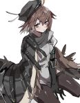  1girl ahoge arknights armband beret between_legs black_cape black_legwear blush brown_hair cape commentary_request feathers grey_shirt hair_between_eyes hand_between_legs hat highres looking_at_viewer na_tarapisu153 plume_(arknights) seiza shirt short_hair simple_background sitting solo thighhighs white_background yellow_eyes 