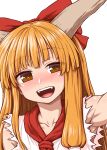  1girl :d armpits blush bow brown_eyes hair_bow head_tilt highres horns ibuki_suika itou_yuuji long_hair open_mouth orange_hair red_bow simple_background slit_pupils smile solo toned torn_clothes touhou upper_body white_background 