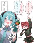  2girls :d ;d absurdres arm_up bare_shoulders black_sleeves blue_eyes blue_hair blue_necktie blush bottle carrot collared_shirt cowboy_shot dated detached_sleeves double-parted_bangs green_jacket green_skirt grey_shirt hair_between_eyes hair_intakes hasei_(hasei01) hashtag-only_commentary hatsune_miku highres holding holding_bottle holding_walkie-talkie jacket kasane_teto kasane_teto_(voicepeak) long_hair long_sleeves looking_at_viewer multiple_girls necktie one_eye_closed open_mouth pleated_skirt poppippoo_(vocaloid) shirt simple_background skirt sleeveless sleeveless_shirt smile speech_bubble translation_request twintails twitter_username utau vocaloid voicepeak walkie-talkie white_background 