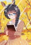  1girl animal_ears black_hair blush book braid casual commentary_request glasses headband highres horse_ears horse_girl horse_tail leaf long_hair looking_at_viewer rinen side_braid solo sunlight tail tree umamusume zenno_rob_roy_(umamusume) 