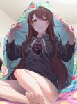  1girl barefoot black_jacket blush brown_hair closed_mouth commentary_request fingernails highres idolmaster idolmaster_shiny_colors jacket legs long_hair long_sleeves oosaki_tenka sitting smile soles solo takeko_spla toes twitter_username yellow_eyes 