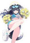  1girl animal_ears black_hair blue_archive blue_eyes blush breasts cheerleader cleavage commentary_request dog_ears dog_girl dog_tail goggles goggles_on_head halo hibiki_(blue_archive) hibiki_(cheer_squad)_(blue_archive) highres holding holding_pom_poms long_hair looking_at_viewer midriff millennium_cheerleader_outfit_(blue_archive) official_alternate_costume open_mouth pom_pom_(cheerleading) shoes simple_background skirt solo star_(symbol) star_sticker sticker sticker_on_face tail torinosu_afro white_background white_shoes yellow_halo 