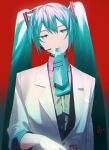  1girl agyou_sonokou_l aqua_eyes aqua_hair aqua_necktie bloom commentary expressionless formal grey_shirt hair_ornament half-closed_eyes hatsune_miku head_tilt headphones headset highres jacket long_hair looking_at_viewer meme mouth_hold necktie necktie_in_mouth red_background shirt signature solo suit twintails upper_body very_long_hair vocaloid white_jacket white_suit 
