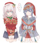  ... 2girls aran_sweater azumaya_toride blue_eyes blue_hair bound cable_knit commentary_request cowboy_shot dress fur-trimmed_dress fur-trimmed_sweater fur_trim gloves gotland_(christmas)_(kancolle) gotland_(kancolle) grey_gloves grey_hair hat highres kantai_collection kashima_(christmas)_(kancolle) kashima_(kancolle) long_ribbon looking_at_another mole mole_under_eye multiple_girls red_dress red_ribbon red_sweater ribbon santa_hat sidelocks simple_background spoken_ellipsis sweater tied_up_(nonsexual) twintails wavy_hair white_background 