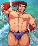  1boy arm_hair armpit_hair armpits bara blue_male_swimwear blush bulge chest_hair colored_skin erection erection_under_clothes facial_hair feet_out_of_frame hachimaki headband highres large_pectorals leg_hair long_sideburns magatama magatama_necklace male_focus male_pubic_hair male_swimwear mature_male muscular muscular_male navel navel_hair nejiri_hachimaki nipples official_alternate_costume pectorals pubic_hair pubic_hair_peek red_skin salute short_hair sideburns solo swim_briefs tajikarao_(housamo) thick_eyebrows thick_thighs thighs tokyo_afterschool_summoners topless_male vert_cypres wet 