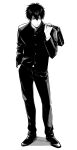  1boy bag buttons closed_mouth commentary_request feiqiuxuan gakuran gintama greyscale hand_in_pocket highres hijikata_toushirou holding holding_bag long_sleeves male_focus monochrome pants school_bag school_uniform short_hair simple_background solo white_background 