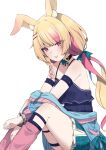 1girl animal_ear_fluff animal_ears aqua_bow aqua_bowtie aqua_ribbon aqua_skirt armlet black_camisole black_choker blonde_hair blue_jacket bow bowtie camisole choker commentary cuffs english_commentary globie hair_ornament hairclip handcuffs highres jacket jewelry kneehighs layered_skirt long_hair multicolored_hair off_shoulder pink_eyes pink_hair pink_socks rabbit_ears rabbit_girl rabbit_hair_ornament rhubarb_n._kustard ribbon skirt socks solo thigh_strap tongue tongue_out valefal_coneri virtual_youtuber white_skirt 