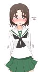  1girl ame_(amechan17391739) arms_behind_back artist_name bangs black_neckerchief blouse blush bright_pupils brown_eyes brown_hair commentary dated eyebrows_visible_through_hair girls_und_panzer green_skirt highres light_frown long_sleeves looking_away miniskirt motion_lines neckerchief ooarai_school_uniform open_mouth parted_bangs pleated_skirt sailor_collar sawa_azusa school_uniform serafuku short_hair signature simple_background skirt solo standing white_background white_blouse white_pupils white_sailor_collar 