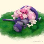  closed_eyes commentary dreamballart english_commentary grass hammer highres instagram_username open_mouth pokemon pokemon_(creature) pokemon_focus smile solo tinkaton 