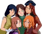  5girls aeug belt black_hair blonde_hair blue_eyes breasts cecily_fairchild christina_mackenzie commentary_request earth_federation emma_sheen fa_yuiry gloves green_eyes gundam gundam_0080 gundam_f91 gundam_unicorn highres holding jacket long_hair looking_at_viewer marida_cruz military military_uniform multiple_girls neo_zeon open_mouth orange_hair pgmajimaji ponytail purple_eyes red_hair short_hair simple_background sleeveless smile upper_body white_background white_gloves zeta_gundam 
