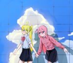  2girls ahoge black_skirt blonde_hair blue_eyes bocchi_the_rock! chinese_commentary commentary_request gotoh_hitori haidao_mao holding_hands ijichi_nijika jacket long_hair multiple_girls one_eye_closed pink_hair pink_jacket shadow shirt short_sleeves skirt white_shirt 