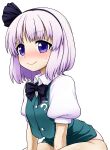  1girl :&gt; absurdres black_bow black_bowtie black_hairband blush blush_stickers bob_cut bow bowtie closed_mouth clothes_lift collared_shirt gradient_hair green_skirt green_vest hair_ornament hairband highres itou_yuuji konpaku_youmu looking_at_viewer medium_hair multicolored_hair panties pink_panties puffy_short_sleeves puffy_sleeves purple_eyes purple_hair shirt short_sleeves simple_background skirt skirt_lift smile solo touhou underwear vest white_background white_shirt wing_collar 