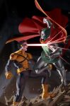  2boys armor black_bodysuit bodysuit brown_hair cape clenched_hands comic_cover commentary covered_abs cyclops_(x-men) doctor_doom english_commentary eye_beam fantastic_four fighting floating_cape gloves green_tunic grey_armor head-mounted_display highres instagram_username male_focus marvel mask metal_mask multicolored_bodysuit multiple_boys muscular muscular_male official_art open_mouth red_cape scott_summers short_hair signature tunic two-tone_bodysuit x-men x-uniform yellow_bodysuit yellow_gloves yoon_junggeun 