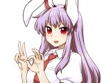  1girl :3 :d animal_ears blush collared_shirt hands_up highres itou_yuuji long_hair looking_at_viewer necktie ok_sign open_mouth puffy_short_sleeves puffy_sleeves purple_hair rabbit_ears red_eyes red_necktie reisen_udongein_inaba shirt short_sleeves simple_background smile solo touhou upper_body v white_background white_shirt wing_collar 