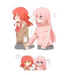 2girls blue_eyes blush blush_stickers bocchi_the_rock! bow bowtie chibi closed_mouth commentary_request cube_hair_ornament gotoh_hitori hair_between_eyes hair_ornament jacket kita_ikuyo long_hair motion_lines multiple_girls multiple_views one_side_up open_mouth pink_hair pink_jacket rebecca_(keinelove) red_bow red_bowtie red_hair school_uniform shuka_high_school_uniform simple_background track_jacket translation_request white_background yellow_eyes 